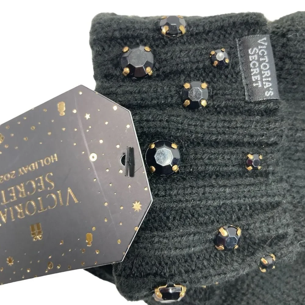 Victoria Secret Gloves Mittens Black Bling Gem Sparkle Knit Soft Glam Winter NWT